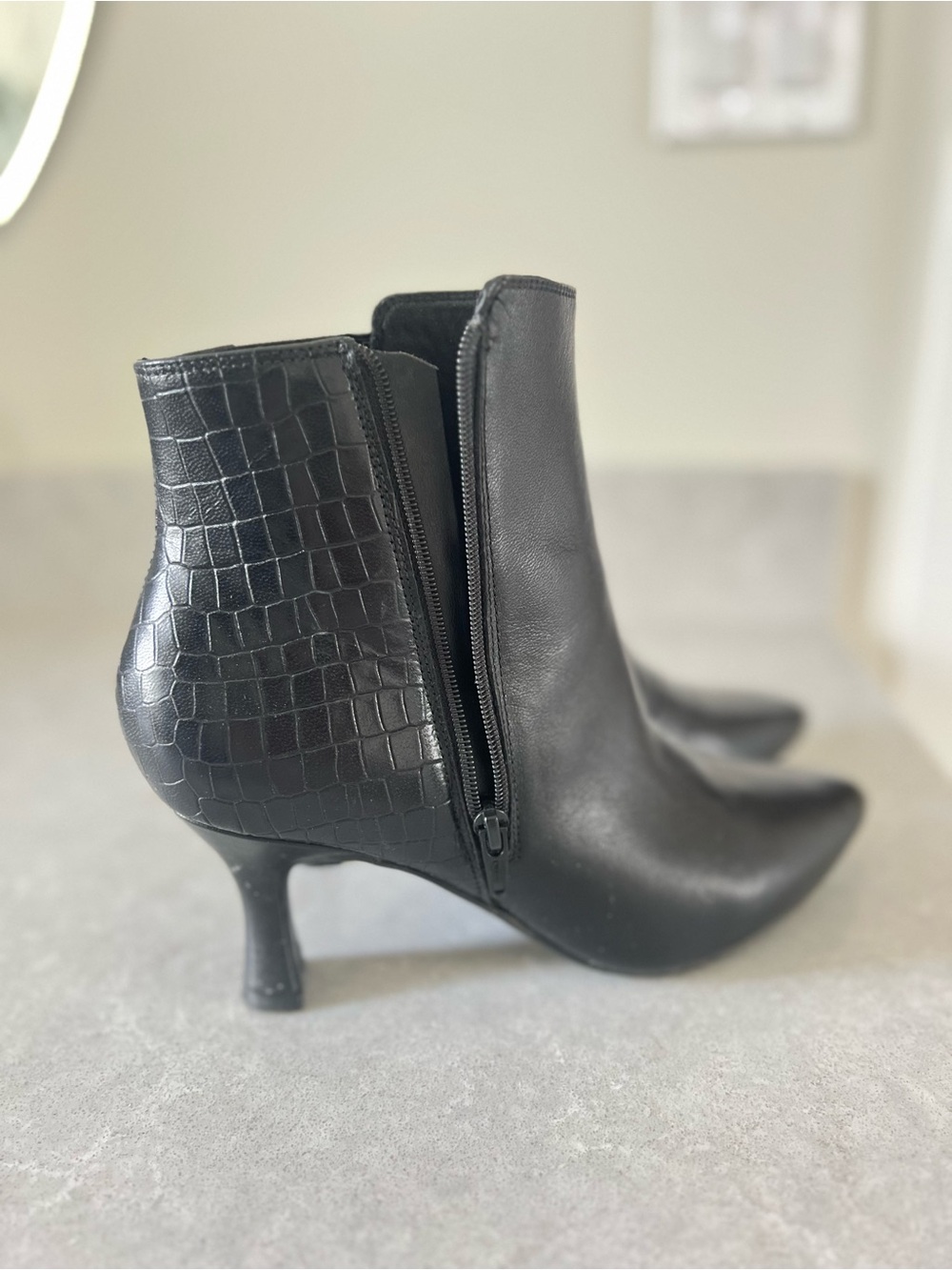 Clarks Black Pointed Toe Croc-Accent Ankle Booties